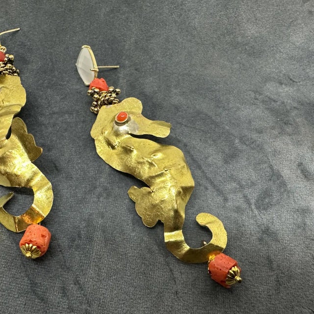 Early 21st Century 21st Century Hammered Brass and Mediterranean Coral Seahorse Dangle Earrings For Sale - Image 5 of 9