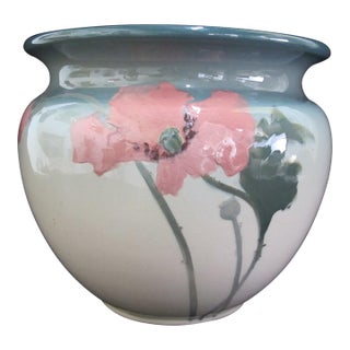 Weller Large Eocean Art Pottery Green With Pink Flower Vase Jardiniere Planter For Sale
