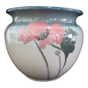 Weller Large Eocean Art Pottery Green With Pink Flower Vase Jardiniere Planter