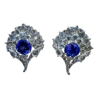 3.6 Ct Round Tanzanite & 3.6 Ct Rose Cut Diamond Post Earrings in 18 Karat Gold For Sale