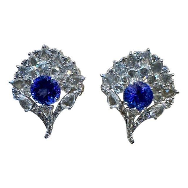 3.6 Ct Round Tanzanite & 3.6 Ct Rose Cut Diamond Post Earrings in 18 Karat Gold For Sale