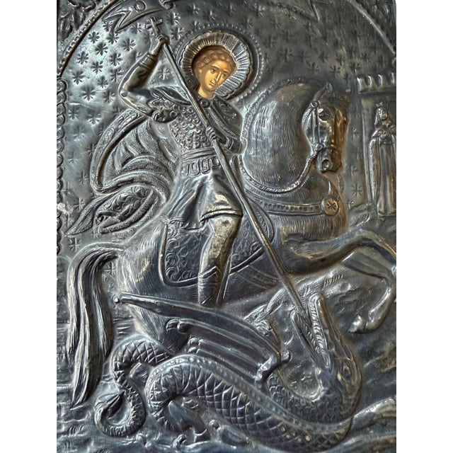 Religious Vintage Greek Orthodox 950 Fine Silver Riza Icon of St. George For Sale - Image 3 of 16