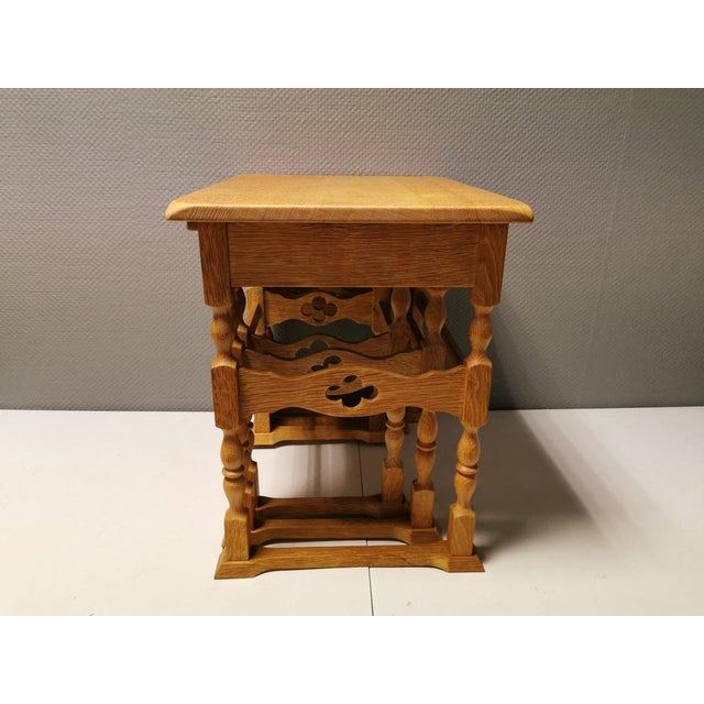 Light Yellow Nesting Tables in Oak with Carvings attributed to Henry Kjærnulf for Nyrup Furniture Factory, Denmark, 1960s, Set of 3 For Sale - Image 8 of 14