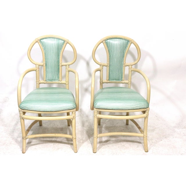 Wood Mid-Century Modern Willow & Reed Rattan Bamboo Armchairs in Brunschwig & Fils Upholstery - a Pair For Sale - Image 7 of 7