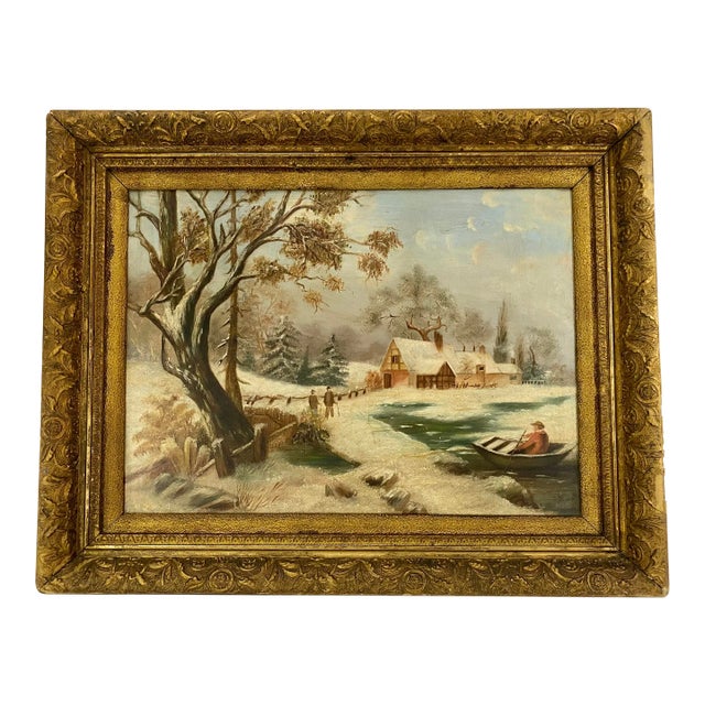 Antique 19th Cen. Winter Scene Landscape Oil Painting For Sale