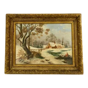 Antique 19th Cen. Winter Scene Landscape Oil Painting