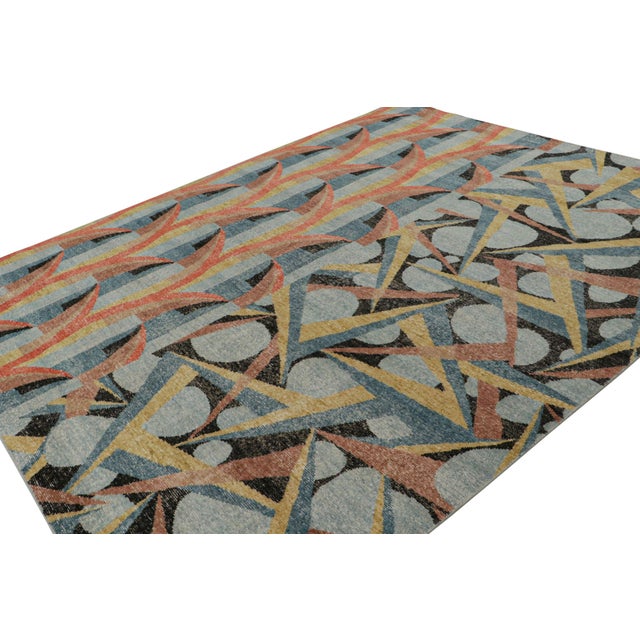 Mid-Century Modern Rug & Kilim’s Distressed Deco Rug in Blue & Beige-Brown Geometric Patterns For Sale - Image 3 of 7
