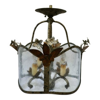 Vintage Currey & Company 4 Light Chandelier With Seeded Glass & Flowers For Sale