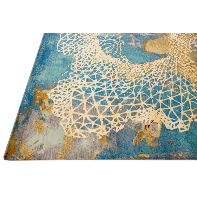 Modern Golden and Teal Abstract Indian Handmade Coastal Designed Wool & Silk Rug For Sale - Image 4 of 10