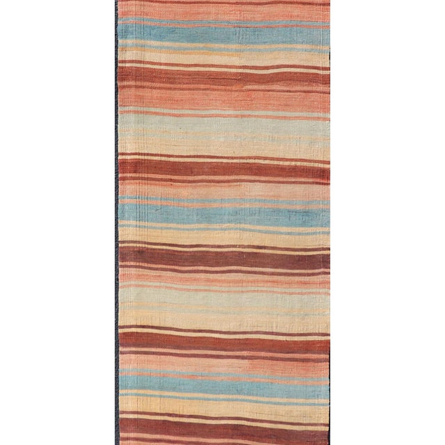 Turkish Vintage Kilim Runner With Rust, Blue and Ivory Striped Design For Sale - Image 4 of 11