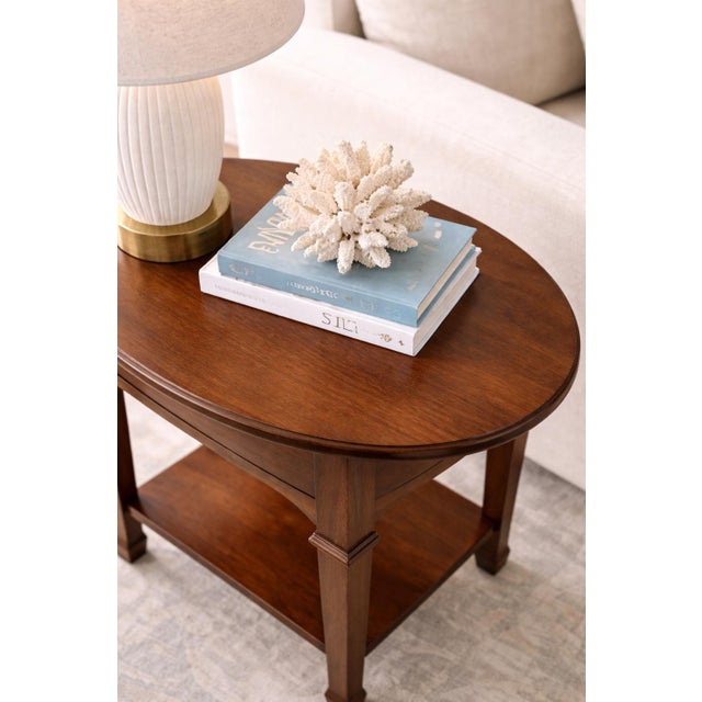 Late 20th Century Solid Wood Oval Side Table / Nightstand in Old Chapel Satin Walnut With Lower Shelf For Sale In Los Angeles - Image 6 of 6