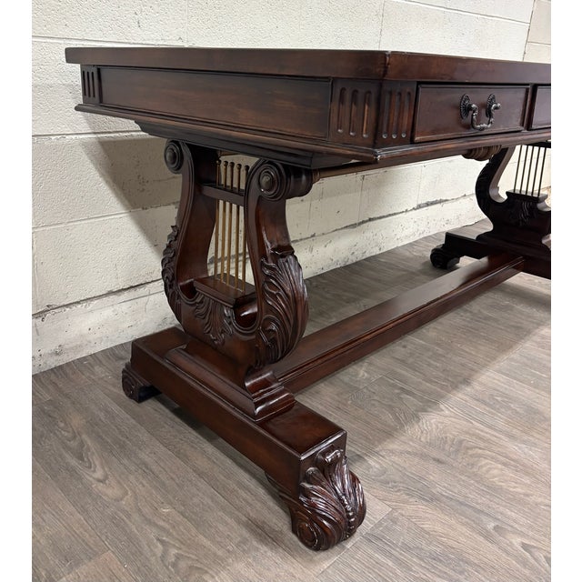 Vintage Empire Style Lyre Side Leather Top Writing Executive Library Desk For Sale - Image 9 of 15
