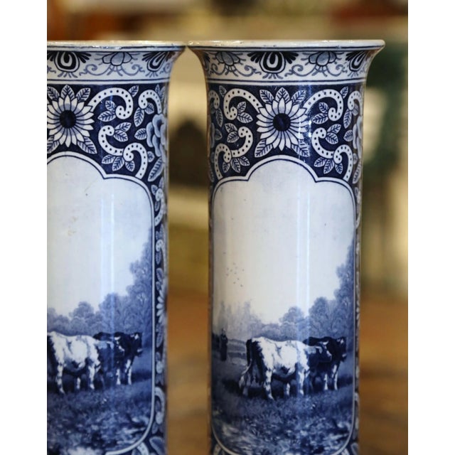 Pair of 19th Century Dutch Delft Blue and White Faience Cattle Scene Vases For Sale In Dallas - Image 6 of 13