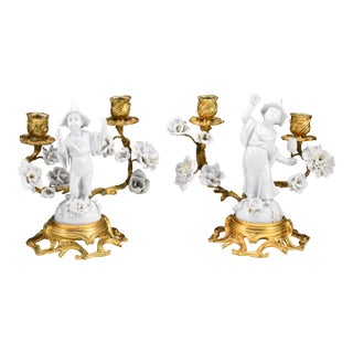 18th Century Gilt Bronze and Meissen Blanc De Chine Porcelain Candelabras With Chinoiserie Style- Set of 2 For Sale