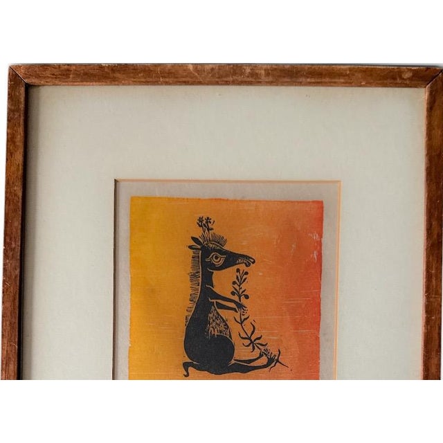 Vintage Helen Siegl Hand-Signed Fine Art Woodcut Print Rangoroo Mid Century Modern Folk Art Whimsical Animal Custom Framed For Sale - Image 4 of 10