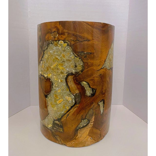 1990s 1990s Vintage Crushed Amber Glass and Resin Teak Wood Stool For Sale - Image 5 of 9