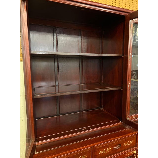 Wood Vintage Chinese Rosewood Mother-of-Pearl Inlaid China Cabinet – 2 Pieces For Sale - Image 7 of 18