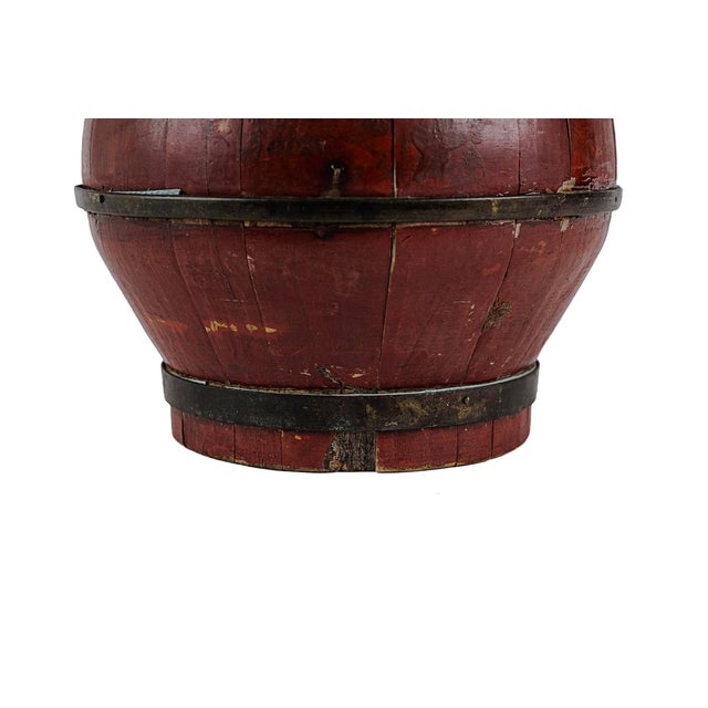 Wood Antique Dark Wooden Chinese Wedding Basket in Red Lacquer With Floral Painted Lid For Sale - Image 7 of 10