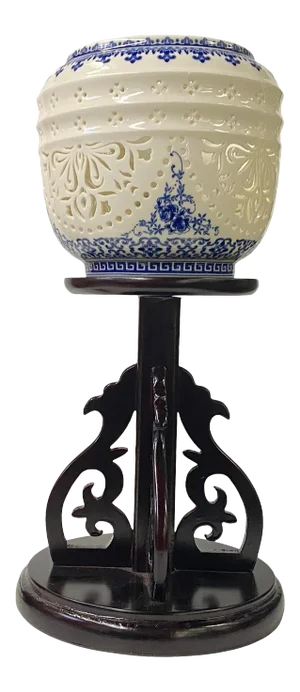 Chinese White Porcelain Shade Wood Pedestal Base Table Lamp