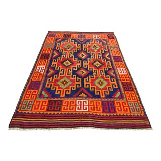Maimana Kilim Area Rug, Handwoven Wool, 7x10, Indigo & Orange For Sale