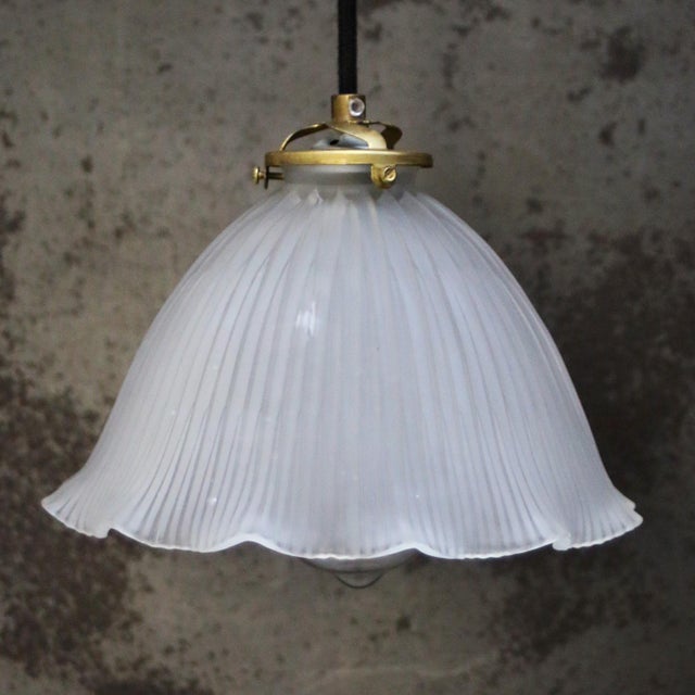 Vintage French Holophane Frosted Glass Pendant Light For Sale - Image 4 of 8