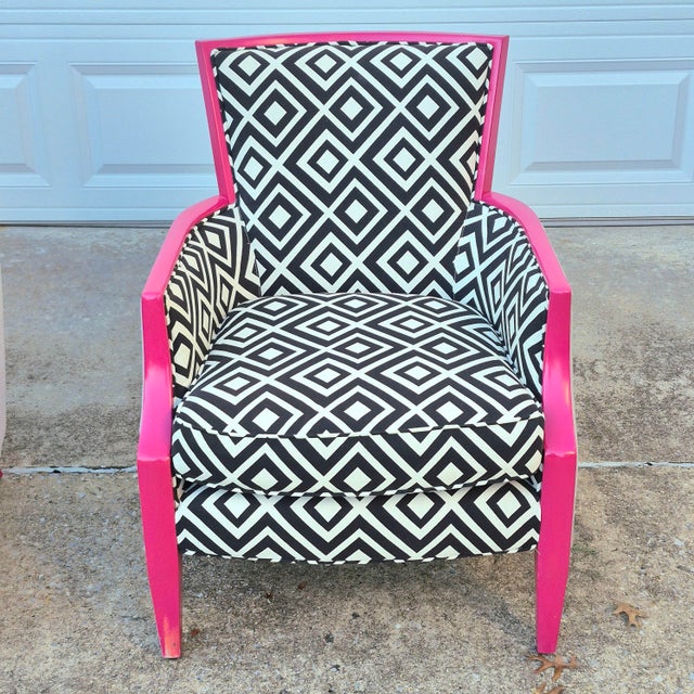 Hooker Furniture Sam Moore Hooker Furniture Fuschia Black & White “Nadia” Exposed Wood Bergere Lounge Chairs, a Pair For Sale - Image 4 of 12