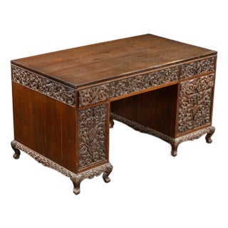 Hand-Carved Indonesian Floral Kneehole Desk For Sale