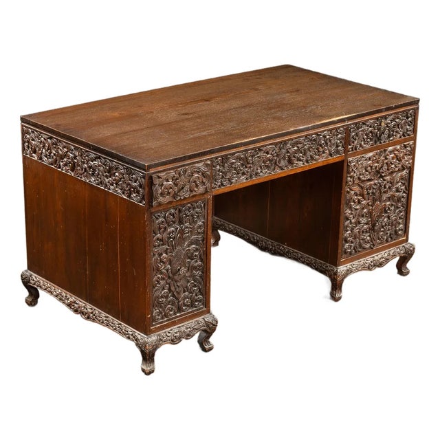 Hand-Carved Indonesian Floral Kneehole Desk For Sale