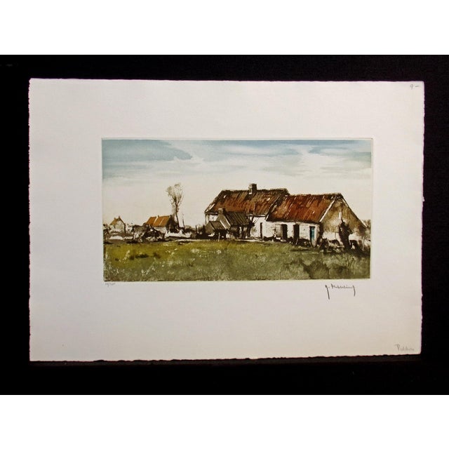 Impressionist Roger Hebbelinck Hand Signed Vintage Aquatint Etching Farm Houses For Sale - Image 3 of 8