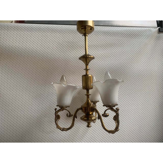 Small Three-Arm Chandelier in Brass and Glass, 1970s For Sale - Image 3 of 18