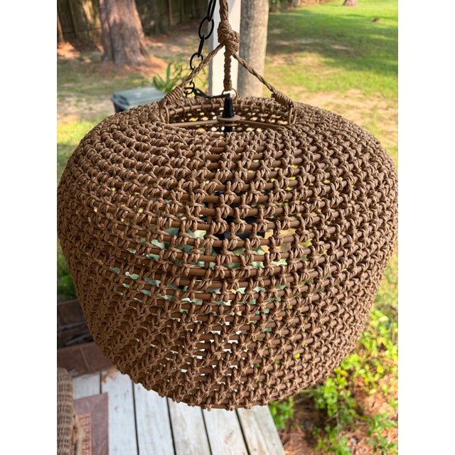 1980s Wicker Basket Weave Style Hanging Lamp With Double Lights and Chain For Sale - Image 4 of 11