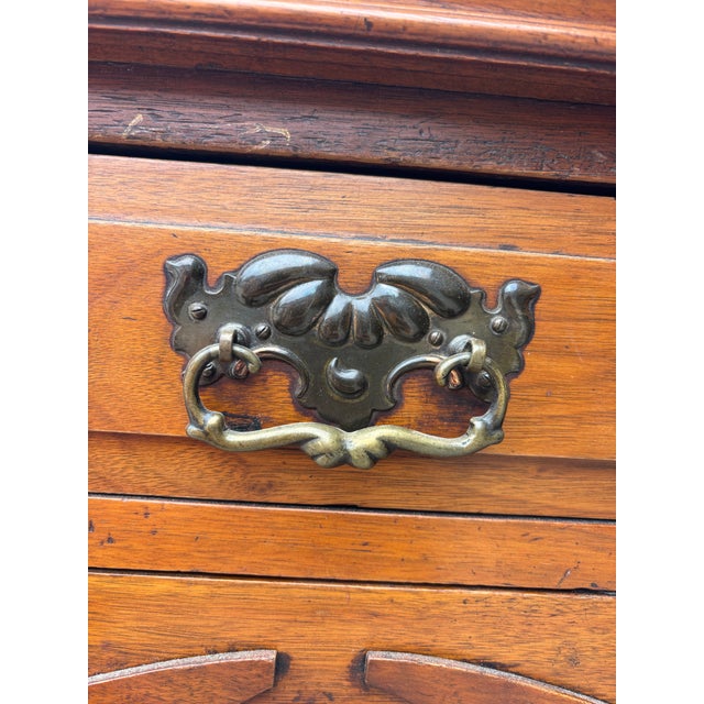Antique Victorian Walnut Sideboard Featuring Intricate Hand Carvings and Original Ornate Brass Hardware For Sale - Image 4 of 12