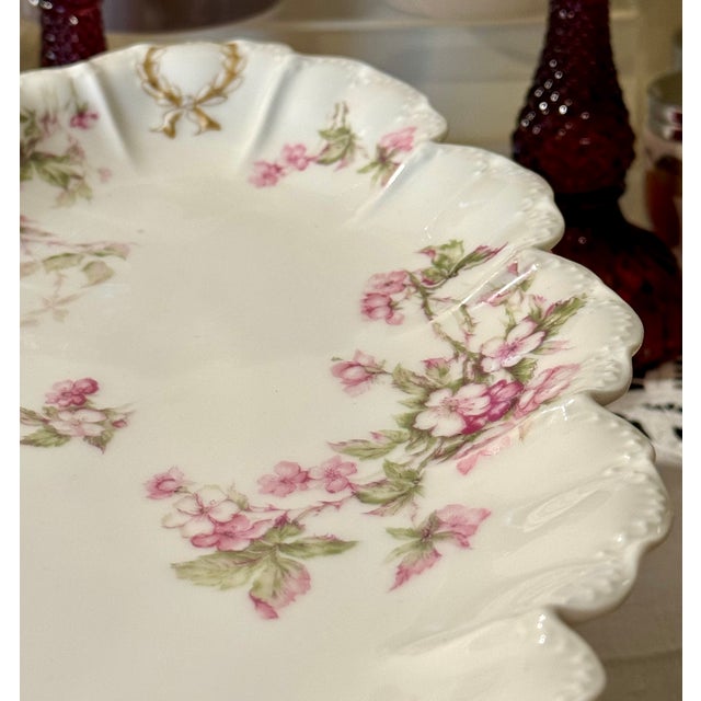 Haviland & Co. Antique Haviland Limoges Oval Serving Tray – Pink Florals & Scalloped Ruffled Edge For Sale - Image 4 of 9