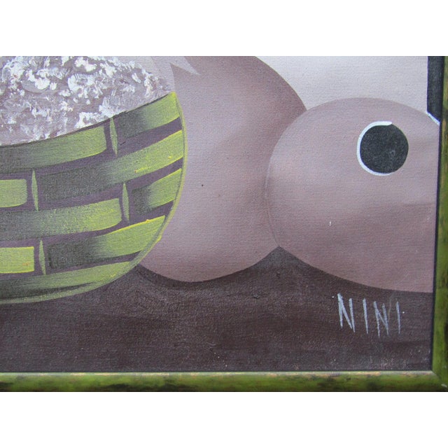 1980s Signed Nini Haitian Style Original Oil Painting, Professionally Framed For Sale - Image 9 of 10