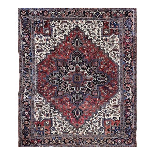 Vintage Persian Heriz Rug, Hand-Knotted Wool, Geometric Medallion Pattern, Brick-Red & Navy, 8x11 For Sale