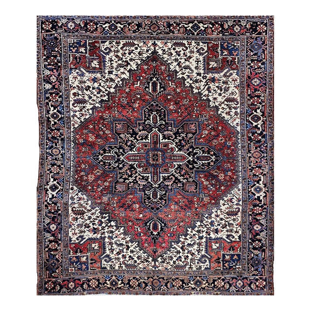 Vintage Persian Heriz Rug, Hand-Knotted Wool, Geometric Medallion Pattern, Brick-Red & Navy, 8x11 For Sale