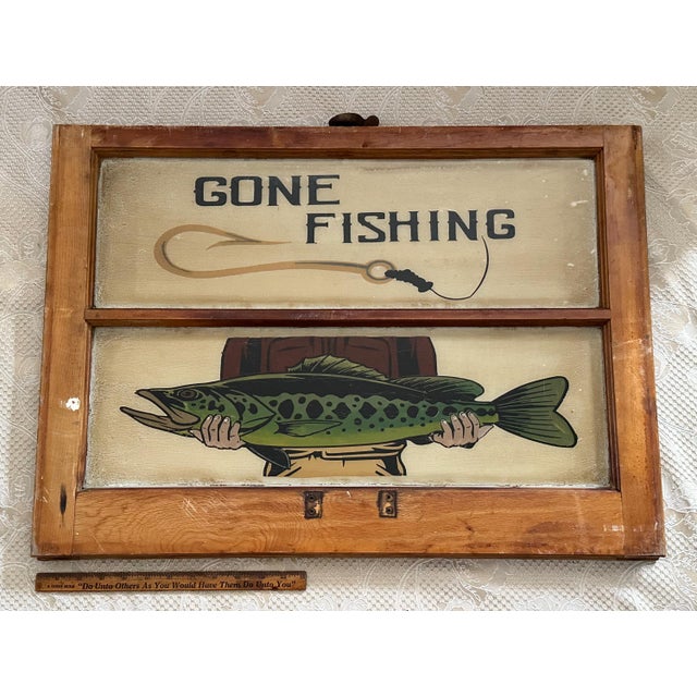 Vintage Reverse Painted "Gone Fishing" Window Sign For Sale - Image 9 of 10