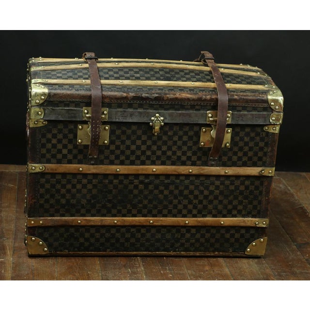 Damier Domed Trunk with Leather Straps, 1920s For Sale - Image 9 of 9