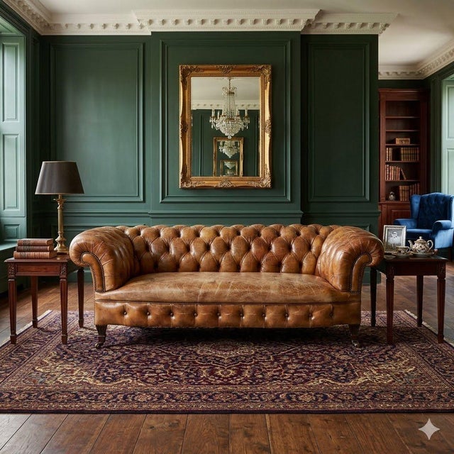 Circa 1930s English Chesterfield Tufted Leather Sofa in Original Distressed Tan Leather Dimensions: Height: 28 in. Width:...