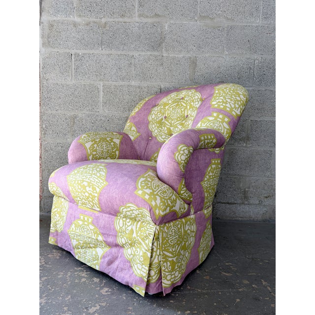 Vintage Chinoiserie / Hollywood Regency Fully Upholstered Lounge Chair By Laura Richard. Circa 1990s Features the original...