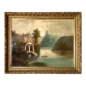 Alpine School 19th Century Oil Painting of Chapel on a Swiss River