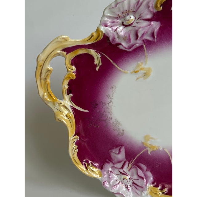 Antique Weimar Germany Porcelain Tray Raspberry Magenta Ground Gilt Floral For Sale - Image 4 of 11