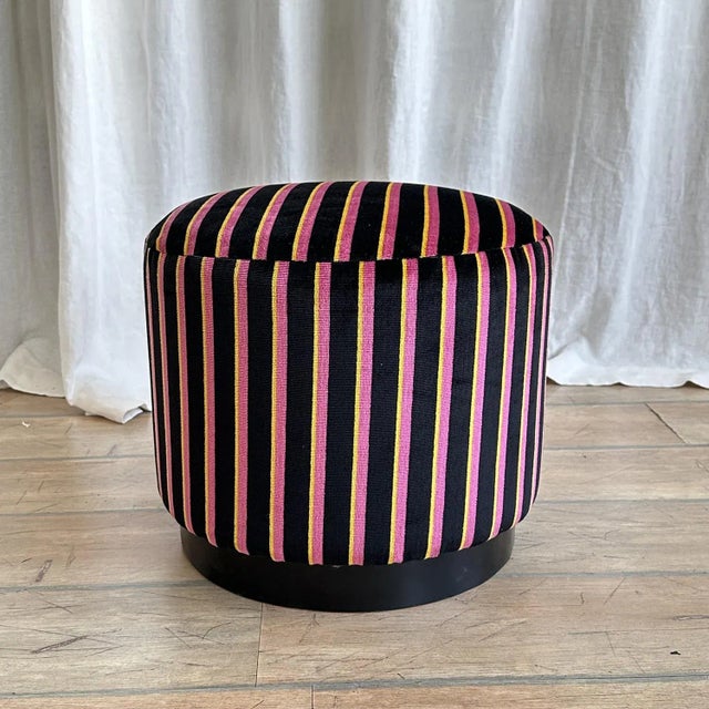 Modern Pink and Yellow Striped Black Velvet Pouf, 2000s For Sale - Image 4 of 13