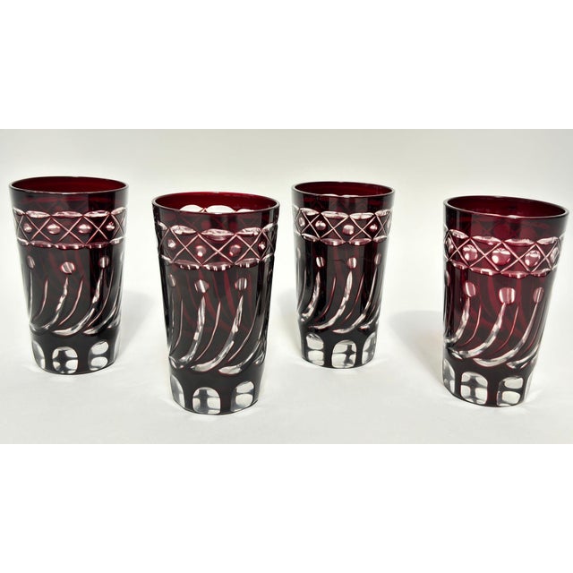 Mid 20th Century Set of 4 Ruby Red Cut-to-Clear Crystal Glasses, Hand-Cut Barware, Circa 1960s For Sale - Image 5 of 13