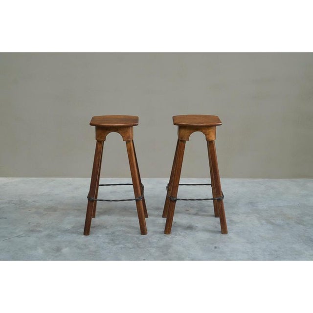 Mid-Century Bar Stools in Oak and Wrought Iron, 1940s, Set of 2 For Sale - Image 4 of 11
