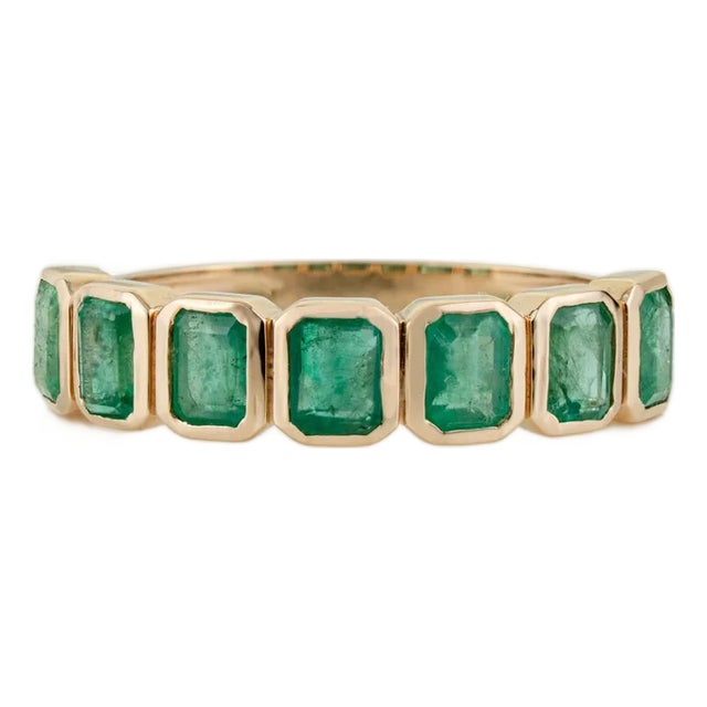 1.61ct Octagon Cut Emerald Bezel Set Stackable Band Ring Size 5 in 14k Gold For Sale