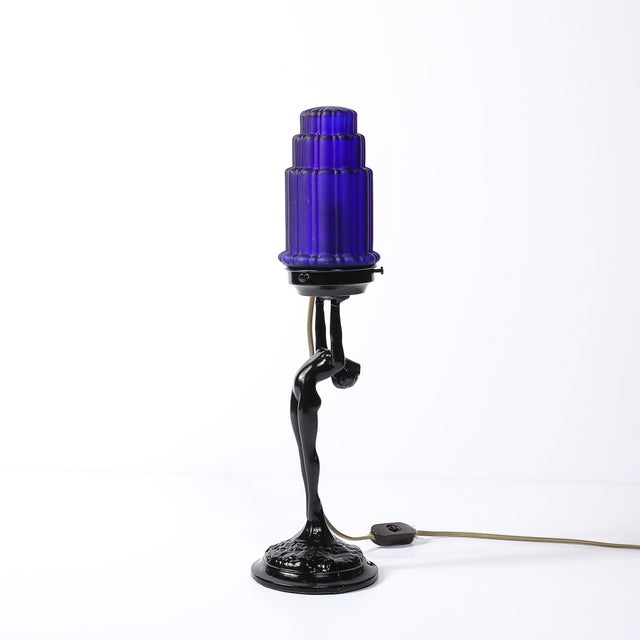 Art Deco Cobalt Blue Glass & Black Enamel Nude Sculpture Table Lamp Signed Nuart For Sale In New York - Image 6 of 16