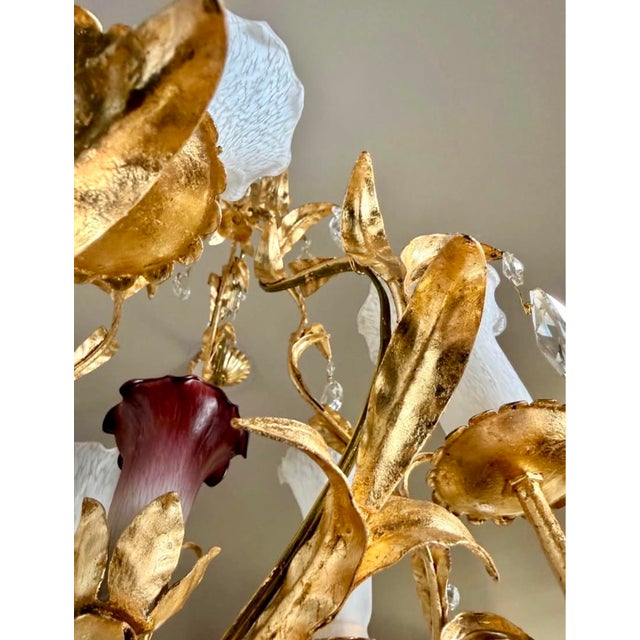 1950s 1950s Florentine Hand Gilt 6 Light Vintage Toleware Chandelier With Shades, Crystals and Floral Glass Drops For Sale - Image 5 of 8