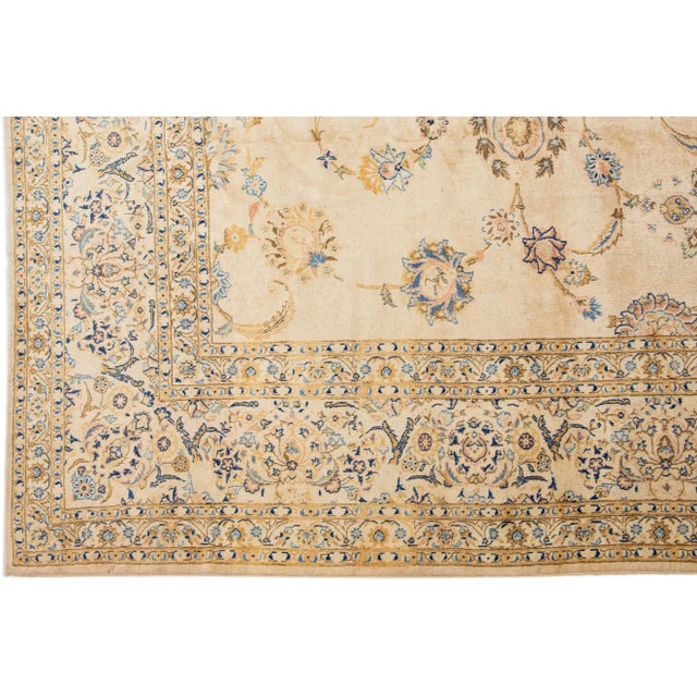 Floral Antique Persian Kashan Handmade Wool Rug in Beige For Sale - Image 4 of 7