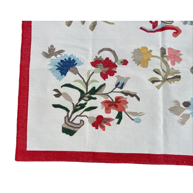 Handmade Cotton Flower Patterned Rug Cream With Blue Green Beige & Red Border -8'x10' For Sale - Image 10 of 11